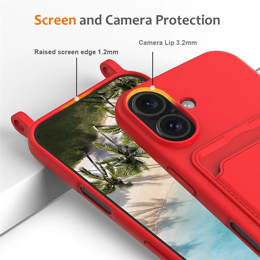 For iPhone 16 Plus Case Liquid Silicone Card Holder Phone Back Cover with Lanyard - Red - 6