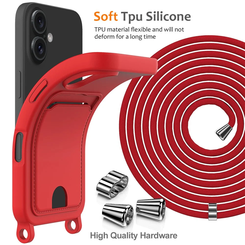 For iPhone 16 Plus Case Liquid Silicone Card Holder Phone Back Cover with Lanyard - Red - 7