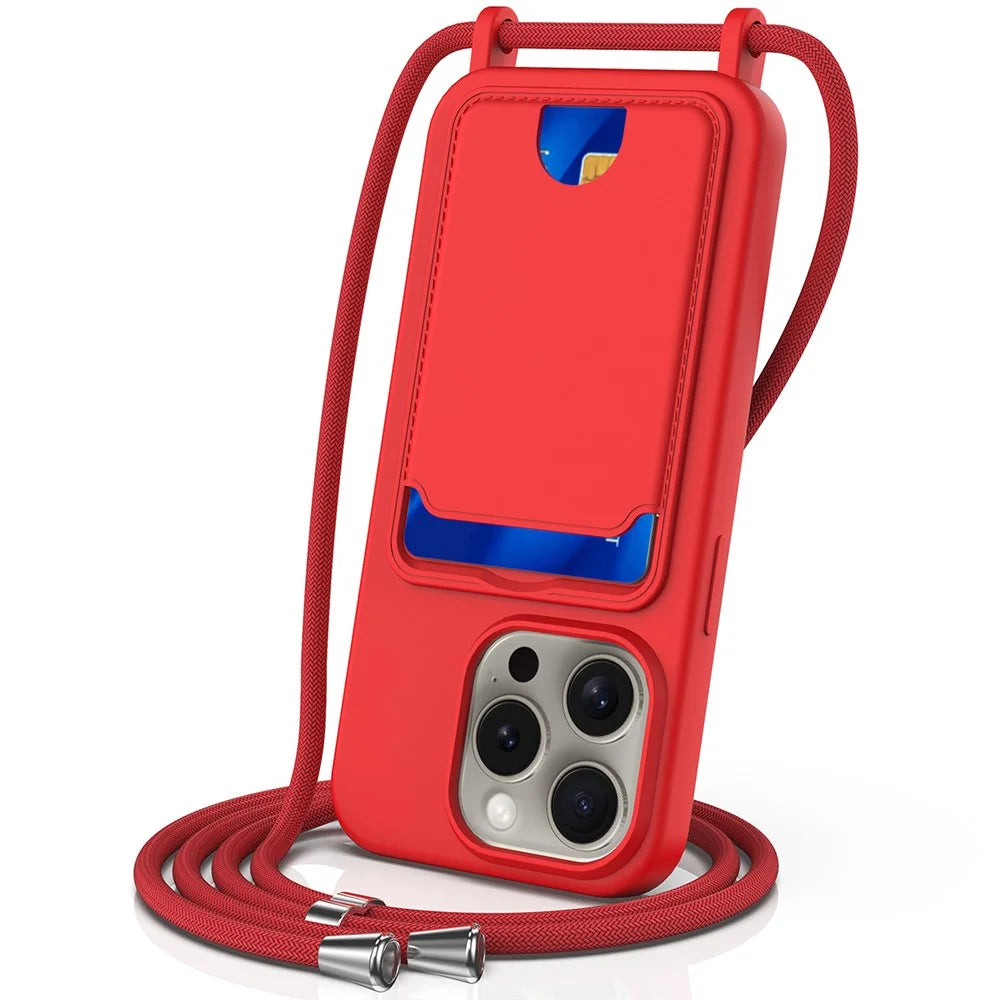 For iPhone 16 Pro Case Liquid Silicone Card Holder Phone Back Cover with Lanyard - Red - 1