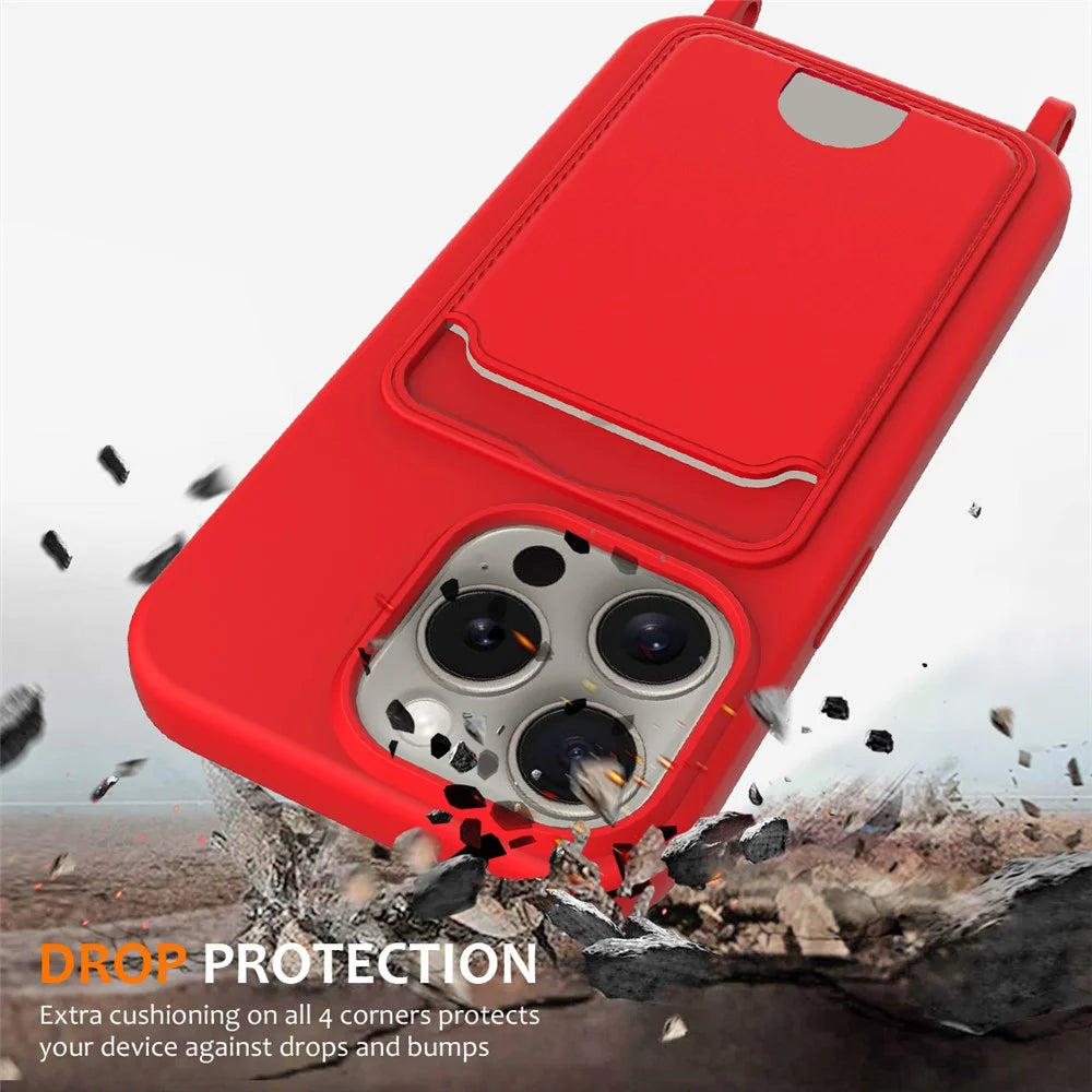 For iPhone 16 Pro Case Liquid Silicone Card Holder Phone Back Cover with Lanyard - Red - 3
