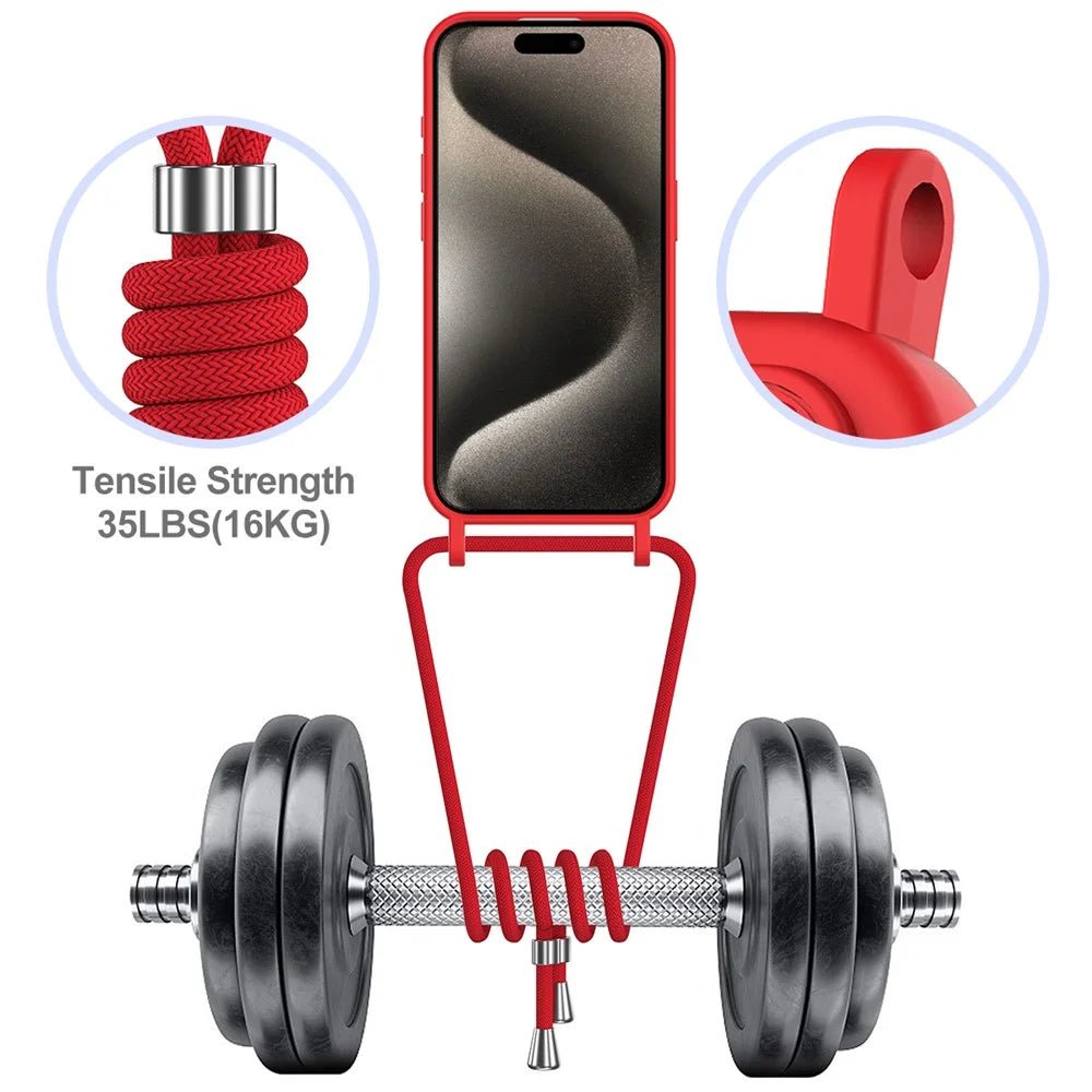 For iPhone 16 Pro Case Liquid Silicone Card Holder Phone Back Cover with Lanyard - Red - 4