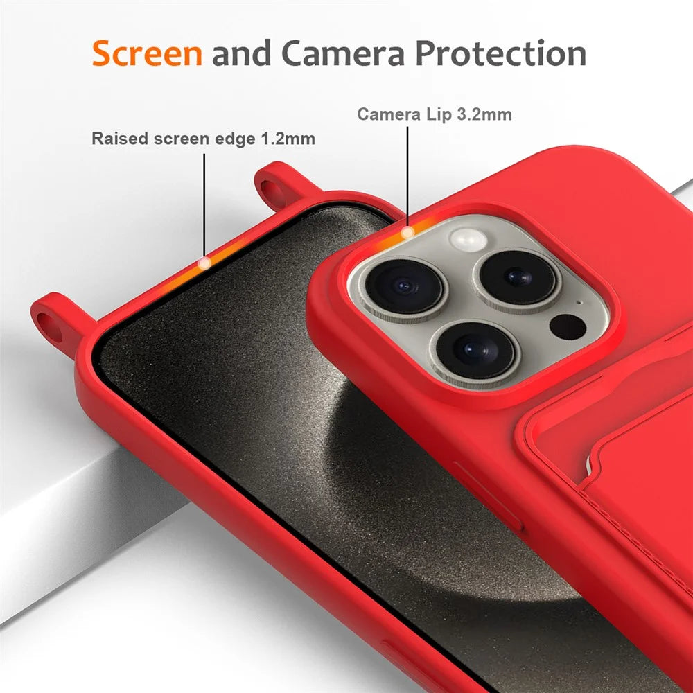 For iPhone 16 Pro Case Liquid Silicone Card Holder Phone Back Cover with Lanyard - Red - 6