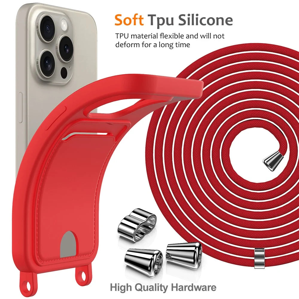 For iPhone 16 Pro Case Liquid Silicone Card Holder Phone Back Cover with Lanyard - Red - 7