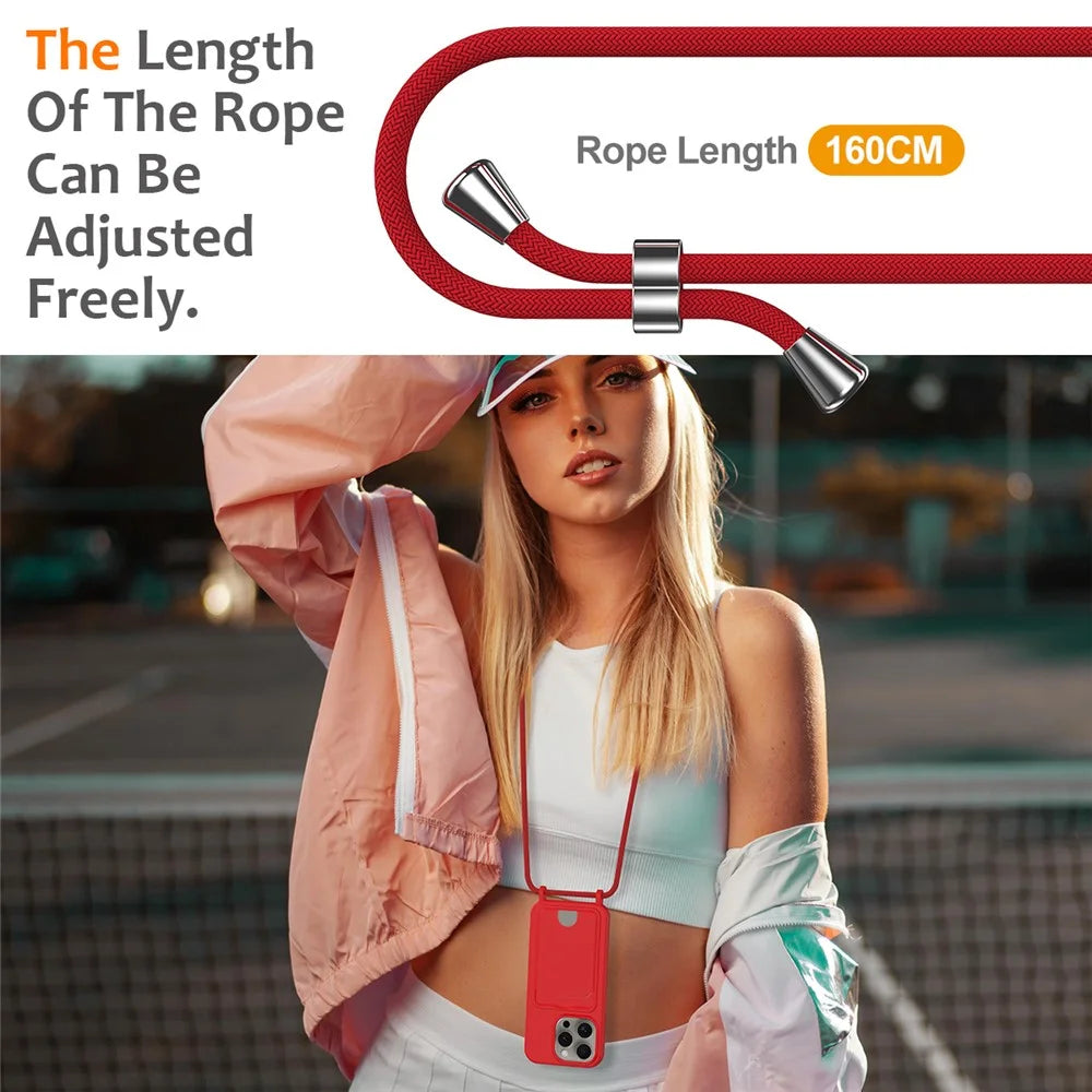 For iPhone 16 Pro Max Case Liquid Silicone Card Holder Phone Back Cover with Lanyard - Red - 2
