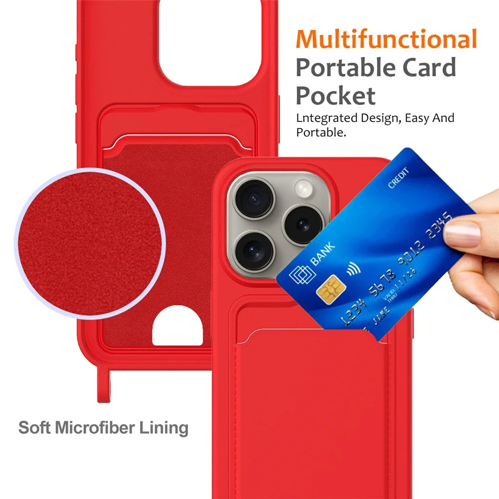 For iPhone 16 Pro Max Case Liquid Silicone Card Holder Phone Back Cover with Lanyard - Red - 5