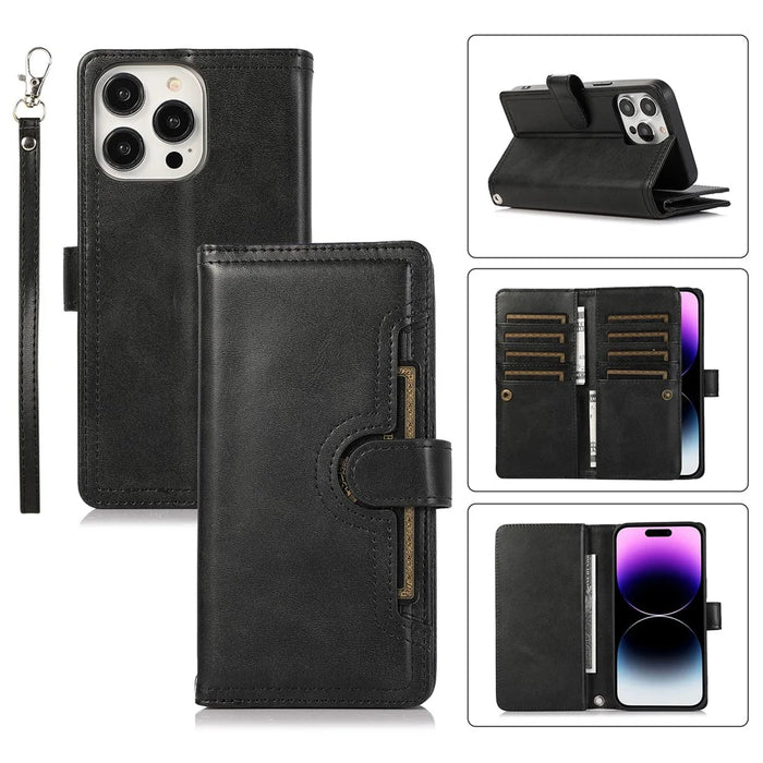 For iPhone 16 Pro Max Case Split Leather Magnetic Wallet Phone Protector with Wrist Strap - Black - 1
