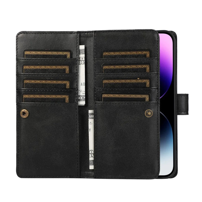 For iPhone 16 Pro Max Case Split Leather Magnetic Wallet Phone Protector with Wrist Strap - Black - 2
