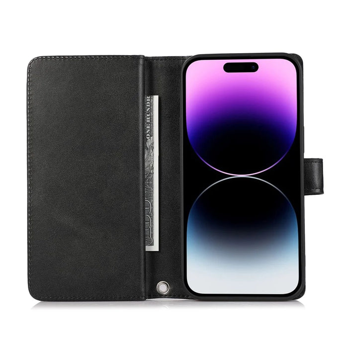 For iPhone 16 Pro Max Case Split Leather Magnetic Wallet Phone Protector with Wrist Strap - Black - 3