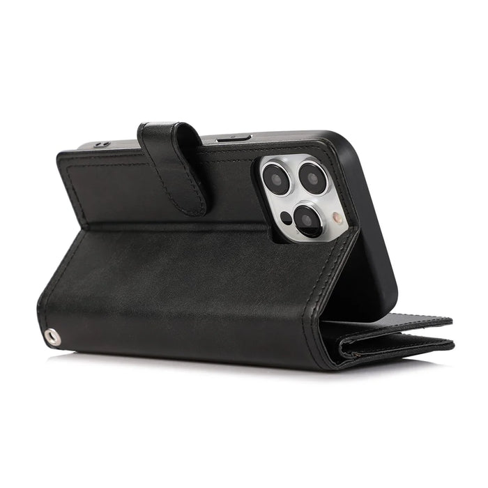 For iPhone 16 Pro Max Case Split Leather Magnetic Wallet Phone Protector with Wrist Strap - Black - 4