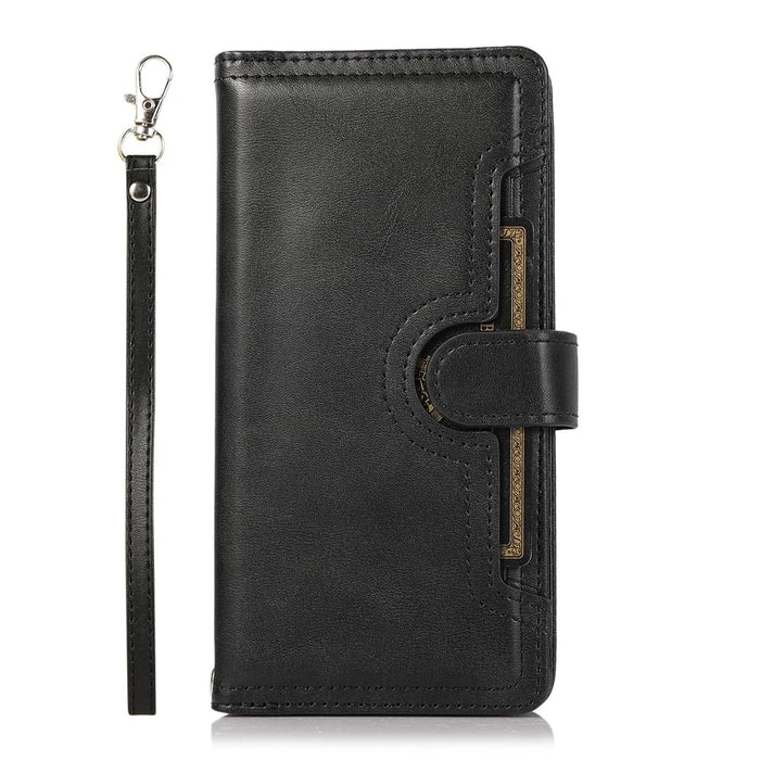 For iPhone 16 Pro Max Case Split Leather Magnetic Wallet Phone Protector with Wrist Strap - Black - 6
