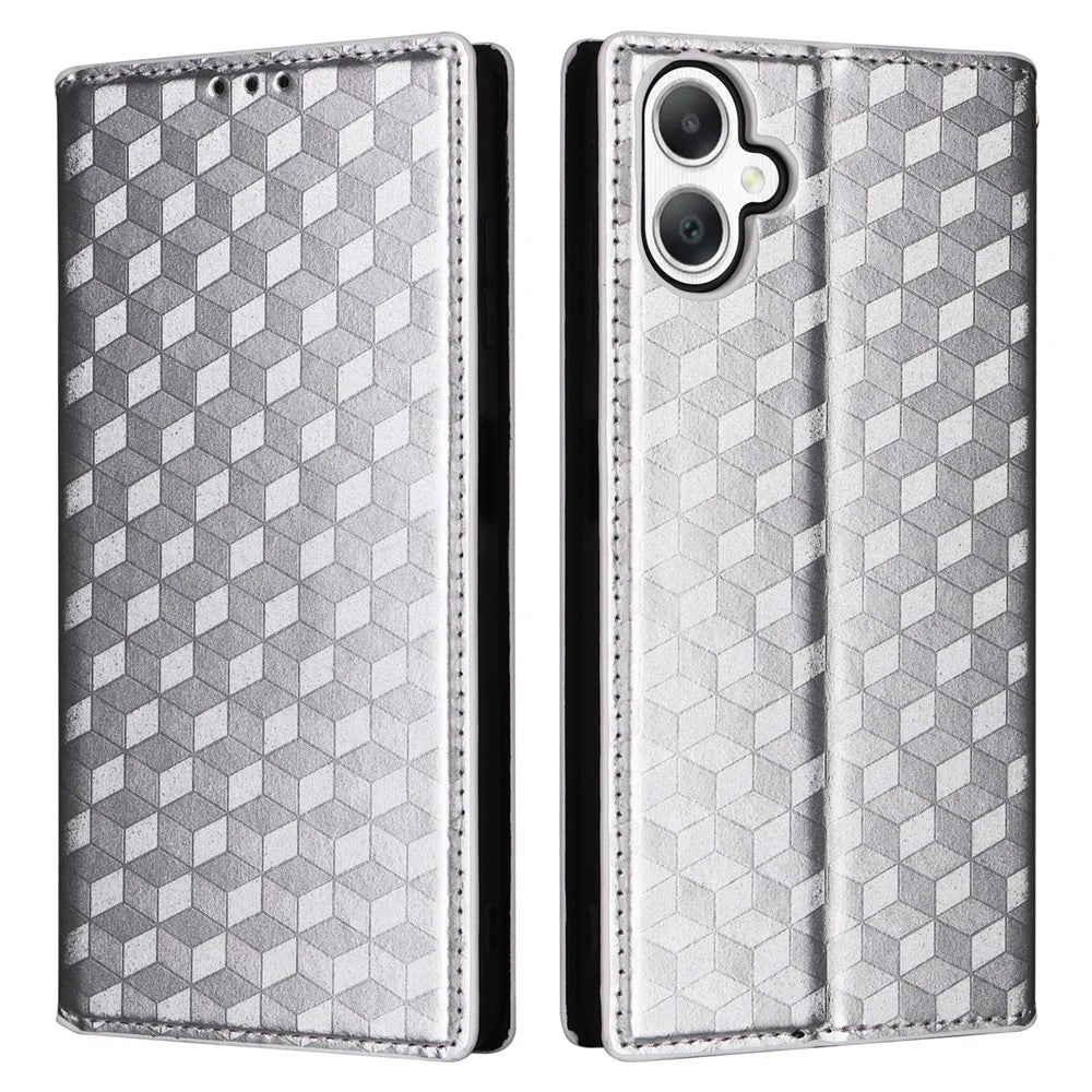 For Samsung Galaxy A06 4G / A06 5G Wallet Case Rhombus Imprinted Leather Phone Cover - Silver - 1