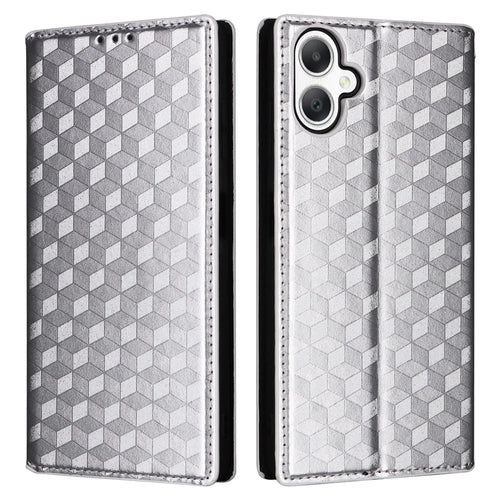 For Samsung Galaxy A06 4G / A06 5G Wallet Case Rhombus Imprinted Leather Phone Cover - Silver - 1