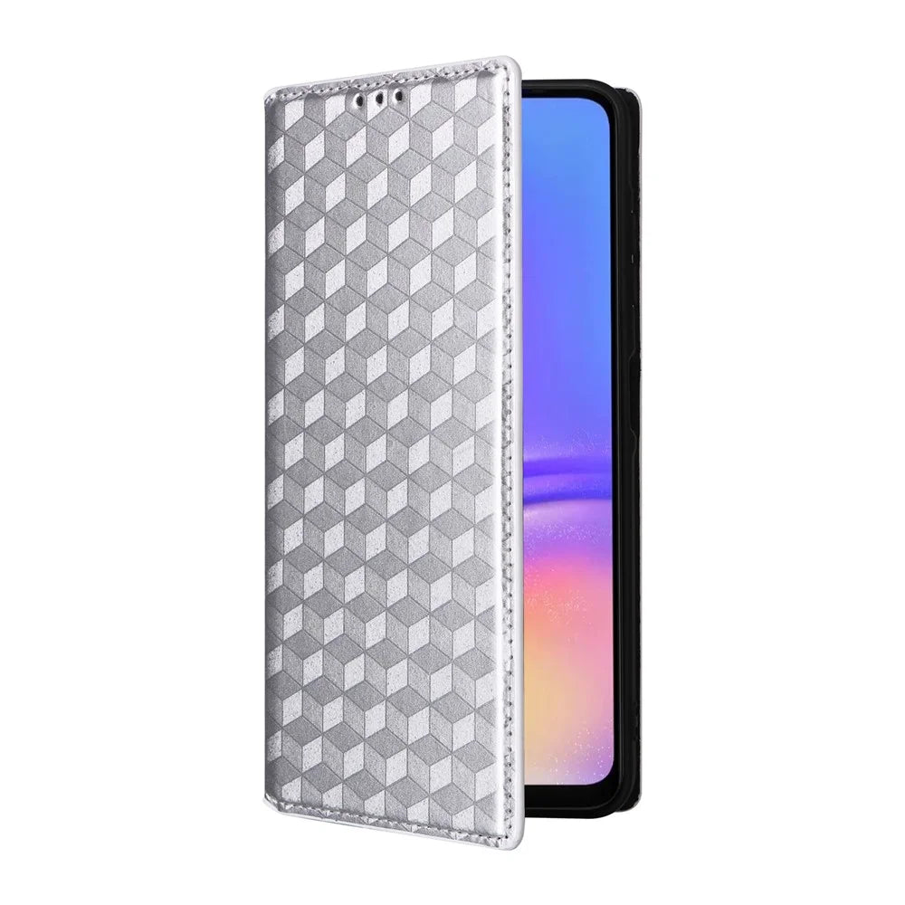 For Samsung Galaxy A06 4G / A06 5G Wallet Case Rhombus Imprinted Leather Phone Cover - Silver - 5