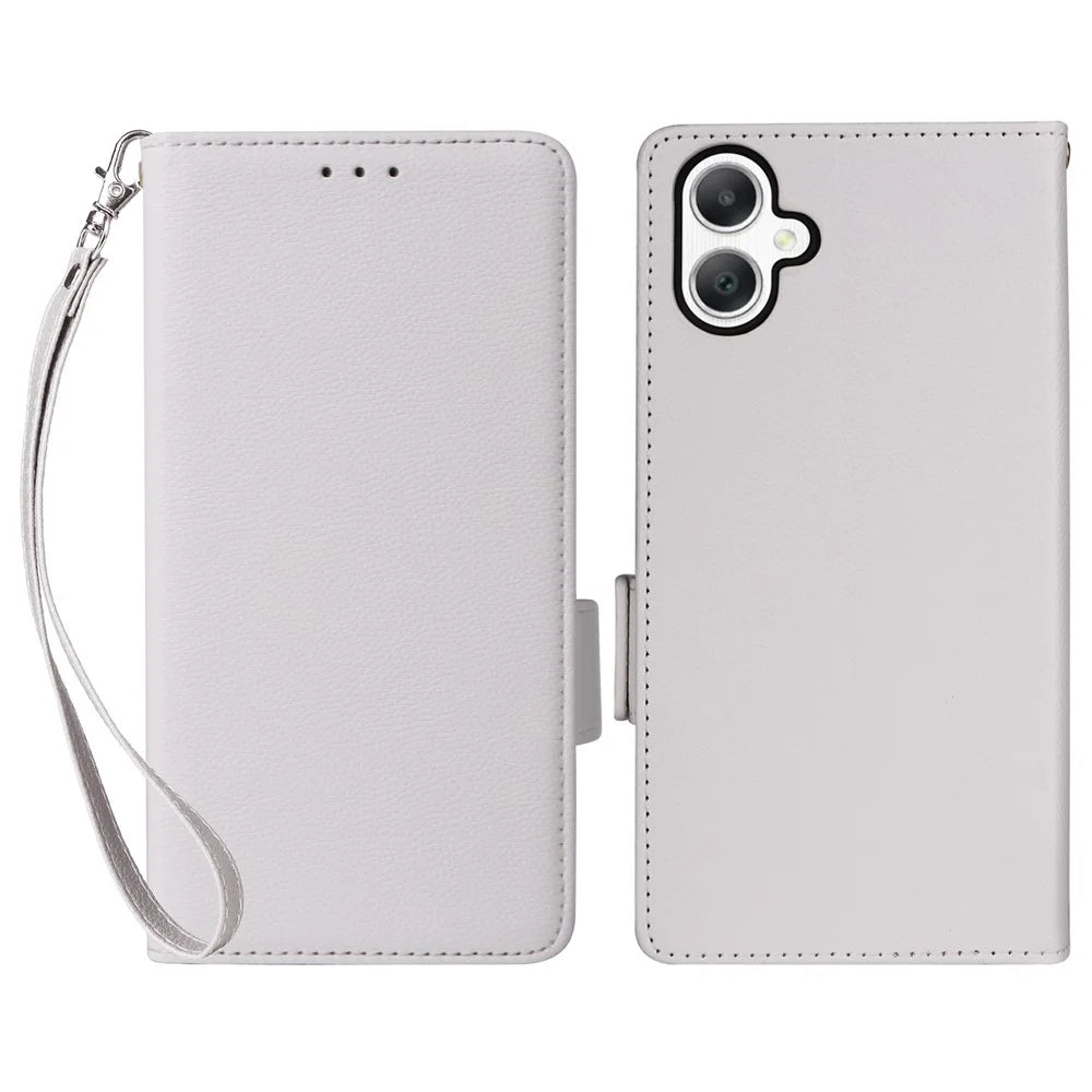 For Samsung Galaxy A06 4G / A06 5G Case with Wrist Strap Litchi Texture PU Leather Wallet Phone Cover - White - 1