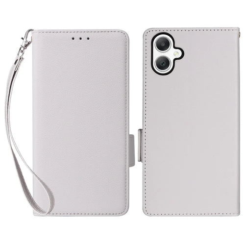 For Samsung Galaxy A06 4G / A06 5G Case with Wrist Strap Litchi Texture PU Leather Wallet Phone Cover - White - 1