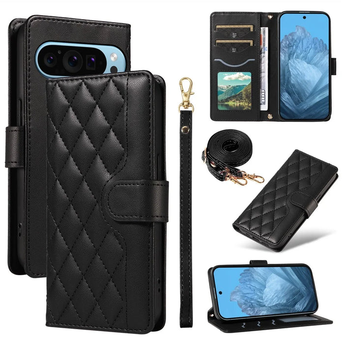 For Google Pixel 10 Pro / 10 / 9 Pro / 9 Case Wallet Rhombus Leather Phone Cover with Shoulder Strap, Wrist Strap - Black - 1