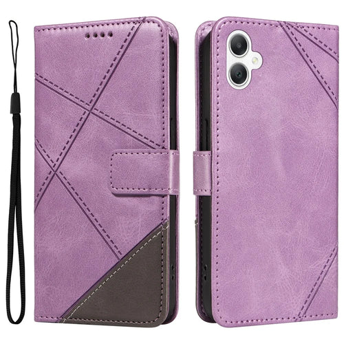 For Samsung Galaxy A08 5G / A08 4G / A07 4G / A06 4G / A06 5G Case Leather Geometric Line Wallet Phone Cover with Wrist Strap - Purple - 1