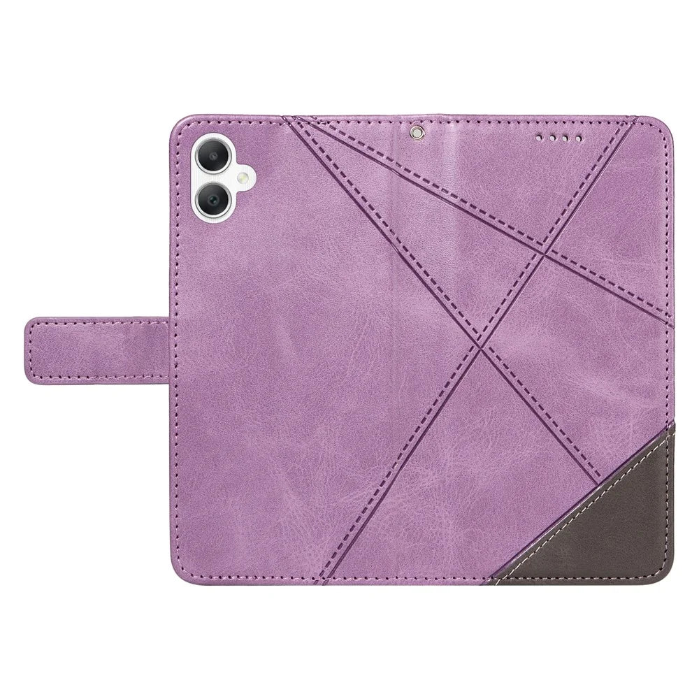 For Samsung Galaxy A08 5G / A08 4G / A07 4G / A06 4G / A06 5G Case Leather Geometric Line Wallet Phone Cover with Wrist Strap - Purple - 5