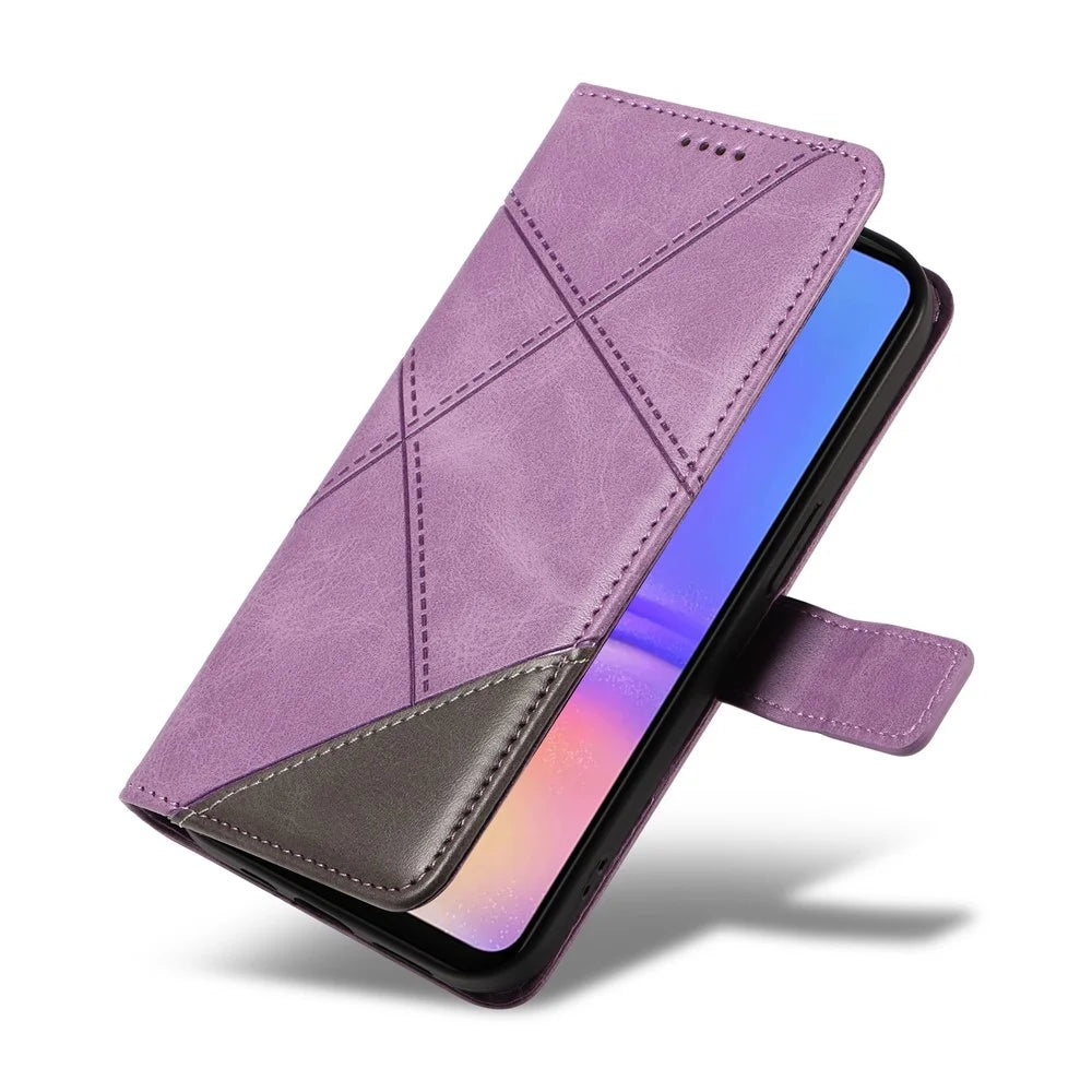 For Samsung Galaxy A08 5G / A08 4G / A07 4G / A06 4G / A06 5G Case Leather Geometric Line Wallet Phone Cover with Wrist Strap - Purple - 6