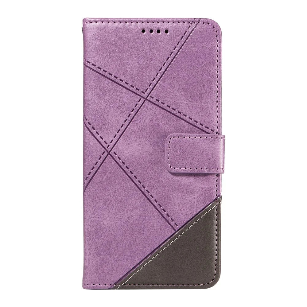 For Samsung Galaxy A08 5G / A08 4G / A07 4G / A06 4G / A06 5G Case Leather Geometric Line Wallet Phone Cover with Wrist Strap - Purple - 7
