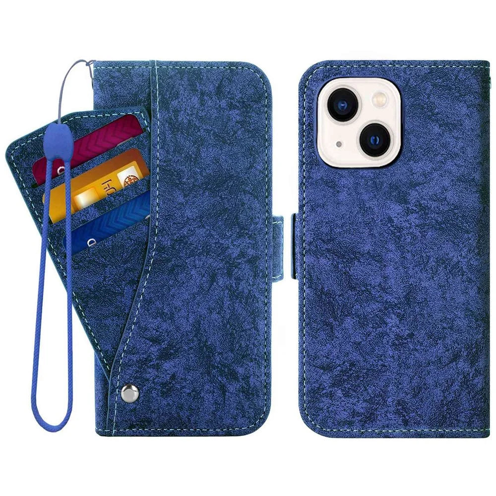 For iPhone 14 Plus Water-ink Painting Texture Cell Phone Case PU Leather Rotating Card Slots Holder Stand Wallet Shell - Blue - 1