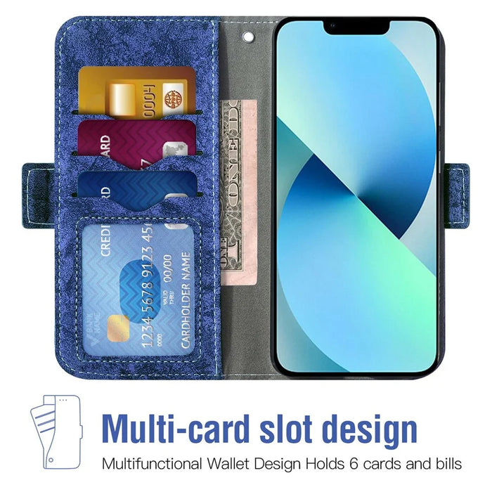 For iPhone 14 Plus Water-ink Painting Texture Cell Phone Case PU Leather Rotating Card Slots Holder Stand Wallet Shell - Blue - 2