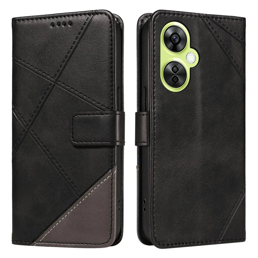 For OnePlus Nord N30 5G  /  Nord CE 3 Lite 5G Case Leather Geometric Line Wallet Phone Cover with Wrist Strap - Black - 1