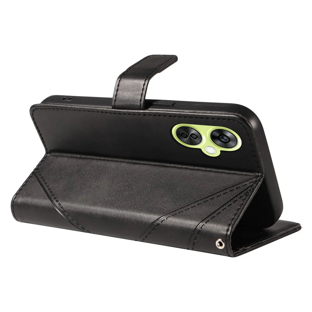For OnePlus Nord N30 5G  /  Nord CE 3 Lite 5G Case Leather Geometric Line Wallet Phone Cover with Wrist Strap - Black - 4