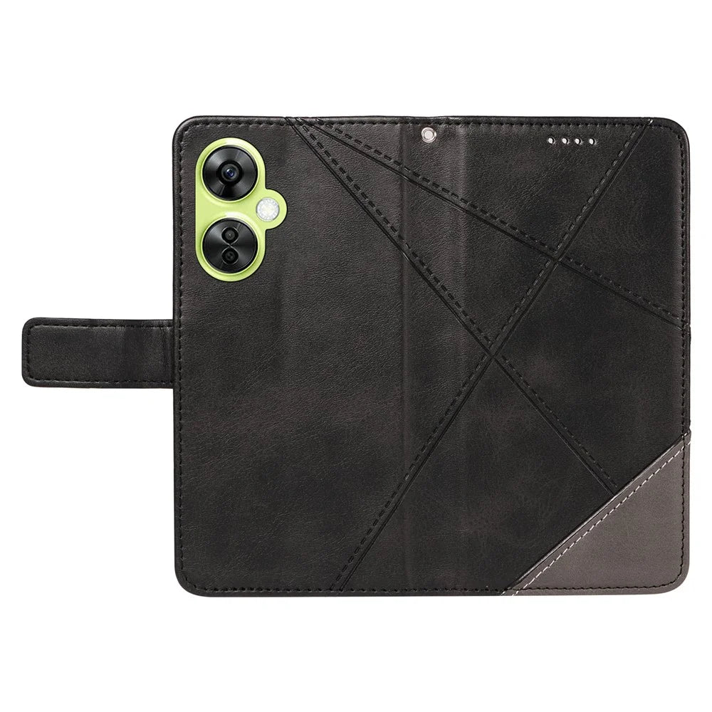 For OnePlus Nord N30 5G  /  Nord CE 3 Lite 5G Case Leather Geometric Line Wallet Phone Cover with Wrist Strap - Black - 5