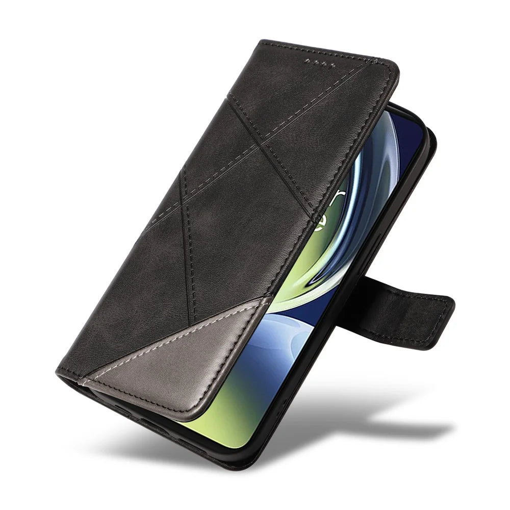 For OnePlus Nord N30 5G  /  Nord CE 3 Lite 5G Case Leather Geometric Line Wallet Phone Cover with Wrist Strap - Black - 6