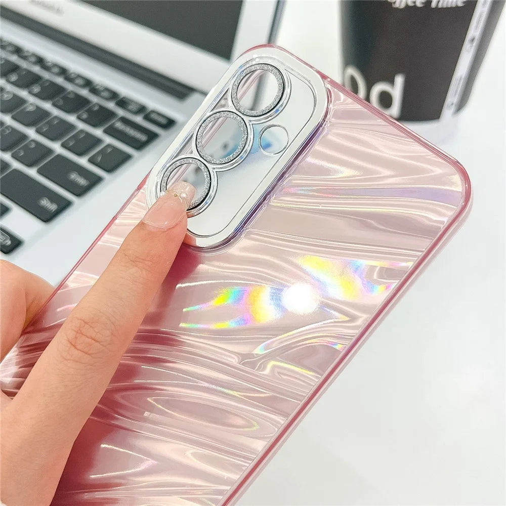 For Samsung Galaxy S24 Case IMD Design Shockproof PC+TPU Phone Cover with Glass Lens Film - Ripple Pattern / Purple - 4