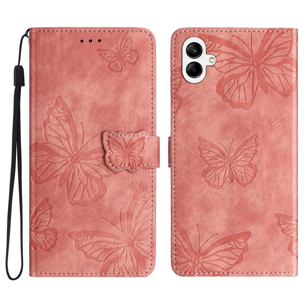 For Samsung Galaxy A08 5G / A08 4G / A07 4G / A06 4G / A06 5G Case Butterfly Design Flip Wallet Leather Phone Cover Skin-Touch - Pink - 1
