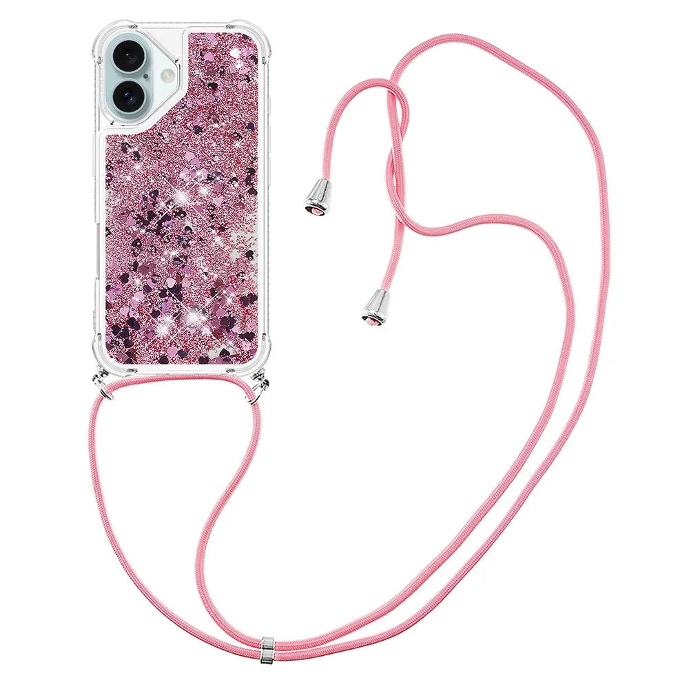 For iPhone 16 TPU Case Quicksand Design Phone Cover with Lanyard - Rose Gold / Hearts - 1