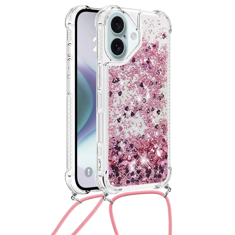 For iPhone 16 TPU Case Quicksand Design Phone Cover with Lanyard - Rose Gold / Hearts - 2