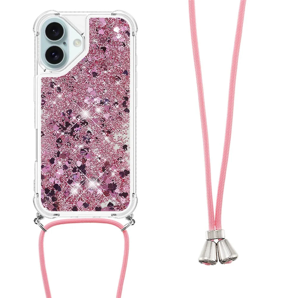 For iPhone 16 TPU Case Quicksand Design Phone Cover with Lanyard - Rose Gold / Hearts - 3