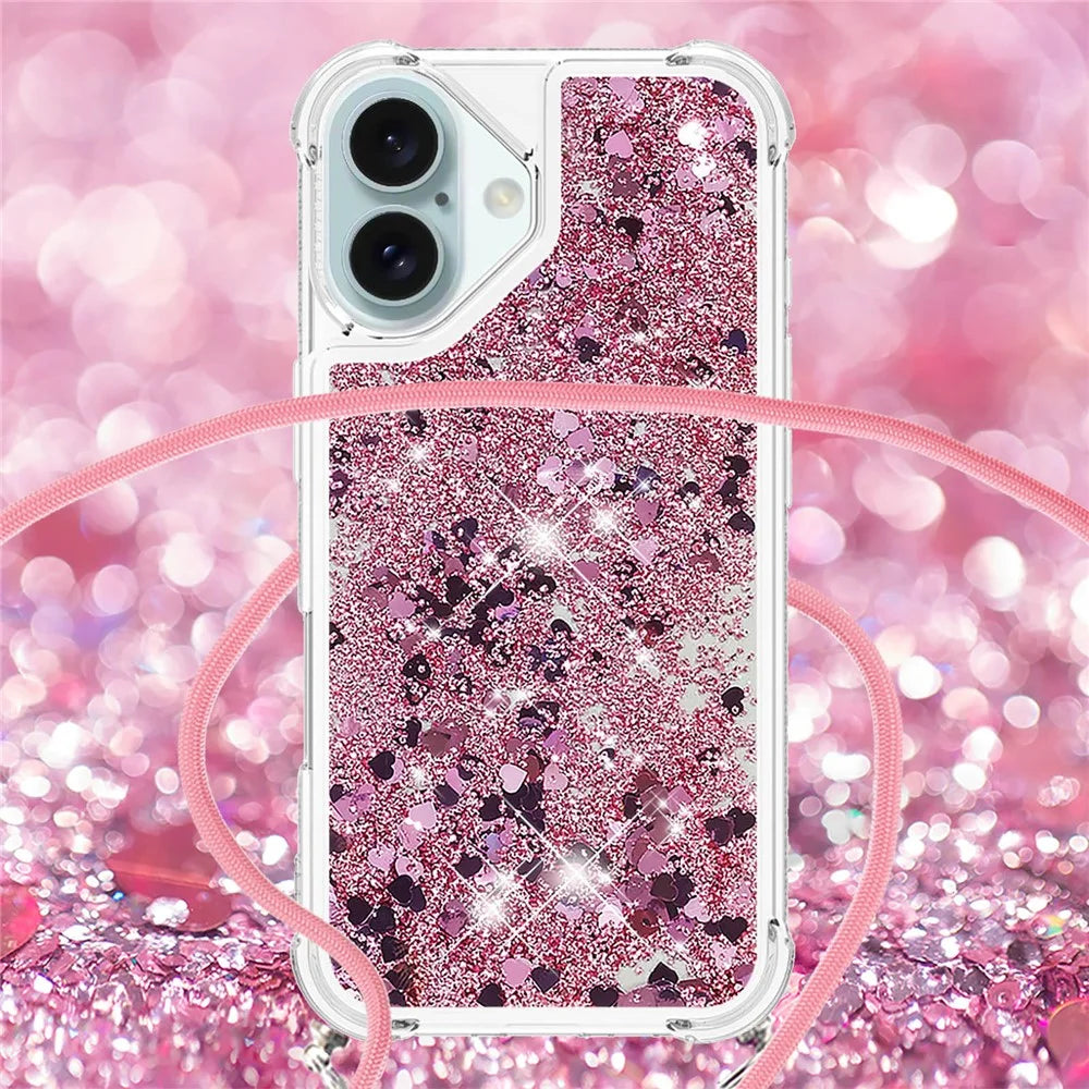 For iPhone 16 TPU Case Quicksand Design Phone Cover with Lanyard - Rose Gold / Hearts - 4