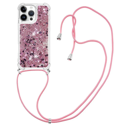 For iPhone 16 Pro TPU Case Quicksand Design Phone Cover with Lanyard - Rose Gold / Hearts - 1