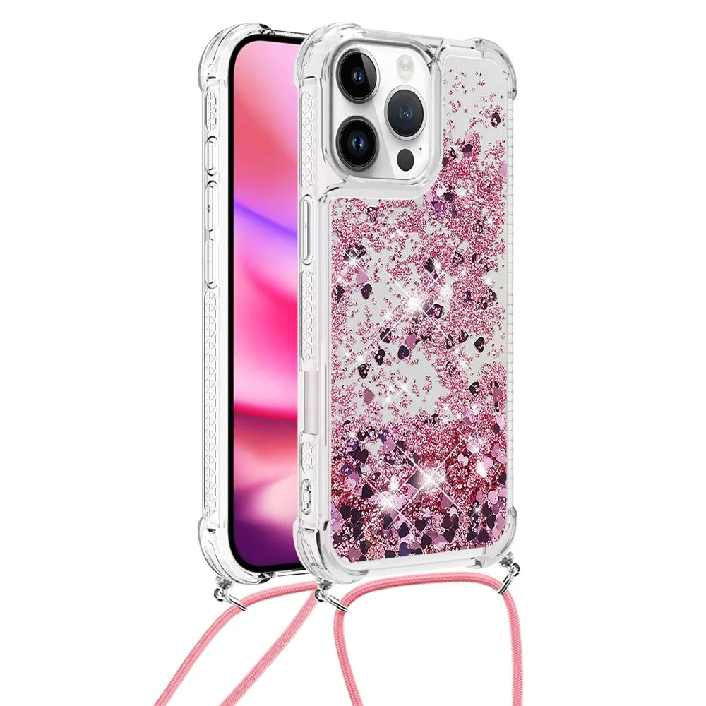 For iPhone 16 Pro TPU Case Quicksand Design Phone Cover with Lanyard - Rose Gold / Hearts - 2