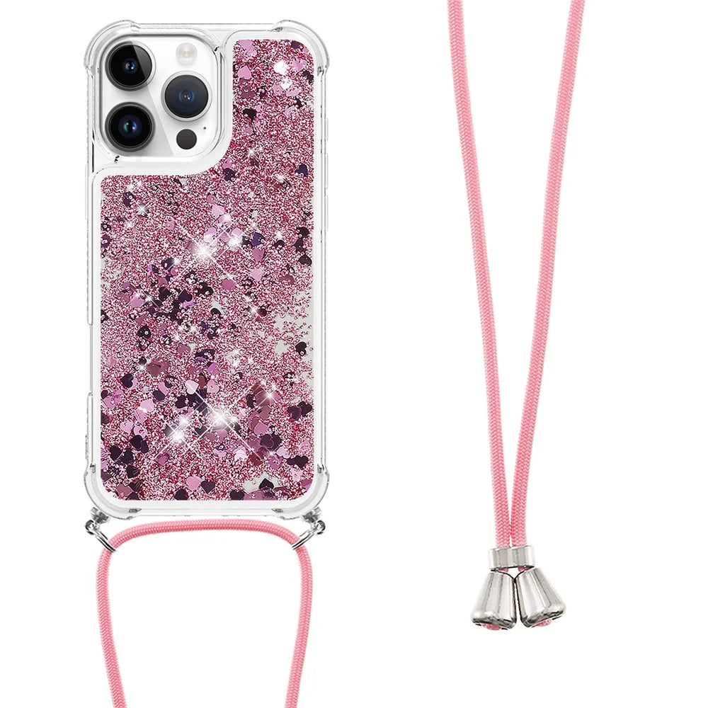 For iPhone 16 Pro TPU Case Quicksand Design Phone Cover with Lanyard - Rose Gold / Hearts - 3