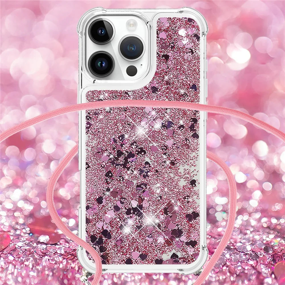 For iPhone 16 Pro TPU Case Quicksand Design Phone Cover with Lanyard - Rose Gold / Hearts - 4