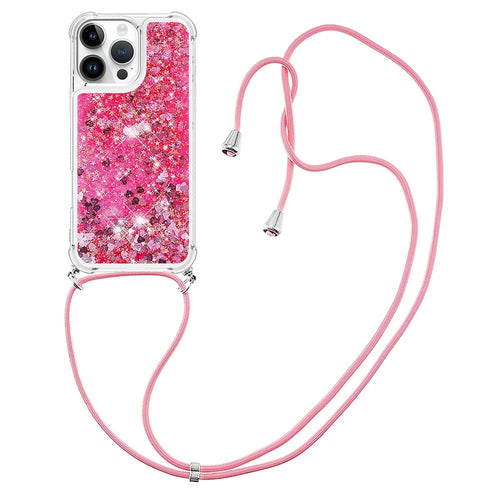 For iPhone 16 Pro Max TPU Case Quicksand Design Phone Cover with Lanyard - Pink / Hearts - 1