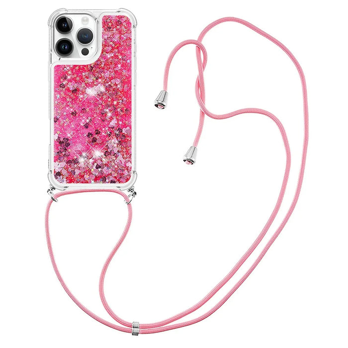 For iPhone 16 Pro Max TPU Case Quicksand Design Phone Cover with Lanyard - Pink / Hearts - 1