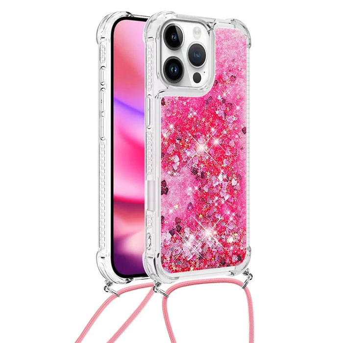 For iPhone 16 Pro Max TPU Case Quicksand Design Phone Cover with Lanyard - Pink / Hearts - 2
