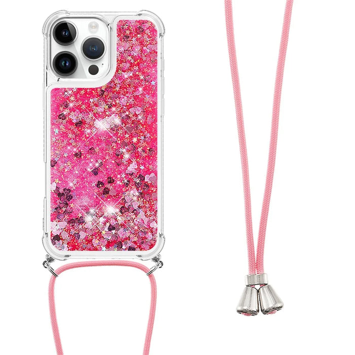 For iPhone 16 Pro Max TPU Case Quicksand Design Phone Cover with Lanyard - Pink / Hearts - 3