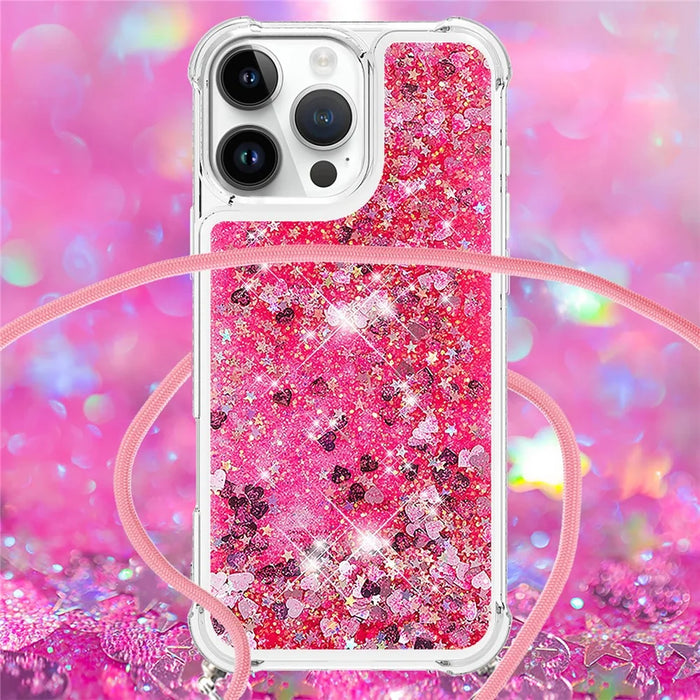 For iPhone 16 Pro Max TPU Case Quicksand Design Phone Cover with Lanyard - Pink / Hearts - 4