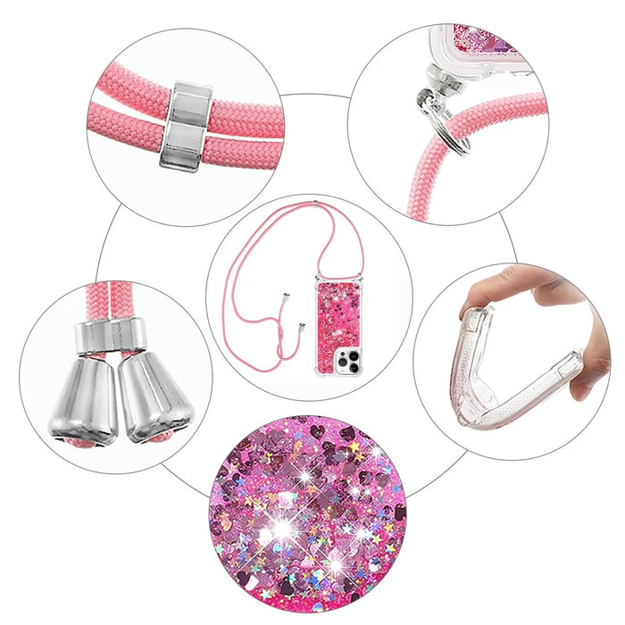For iPhone 16 Pro Max TPU Case Quicksand Design Phone Cover with Lanyard - Pink / Hearts - 5
