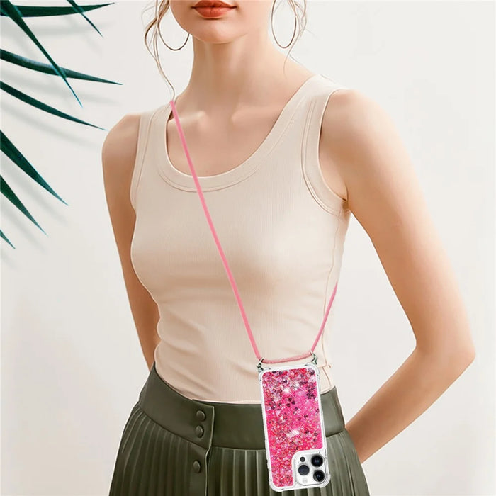 For iPhone 16 Pro Max TPU Case Quicksand Design Phone Cover with Lanyard - Pink / Hearts - 6