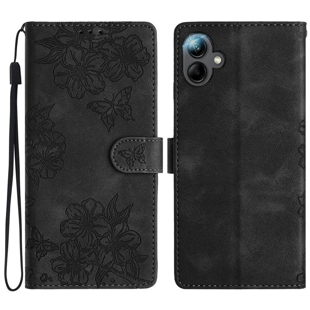 For Samsung Galaxy A06 4G Case Butterfly Flower Pattern Skin-Touch Leather Phone Cover - Black - 1