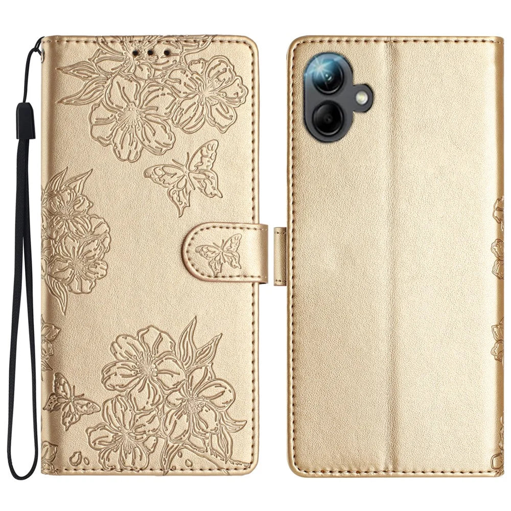 For Samsung Galaxy A06 4G Case Butterfly Flower Drop-Proof PU Leather Wallet Phone Cover - Gold - 1