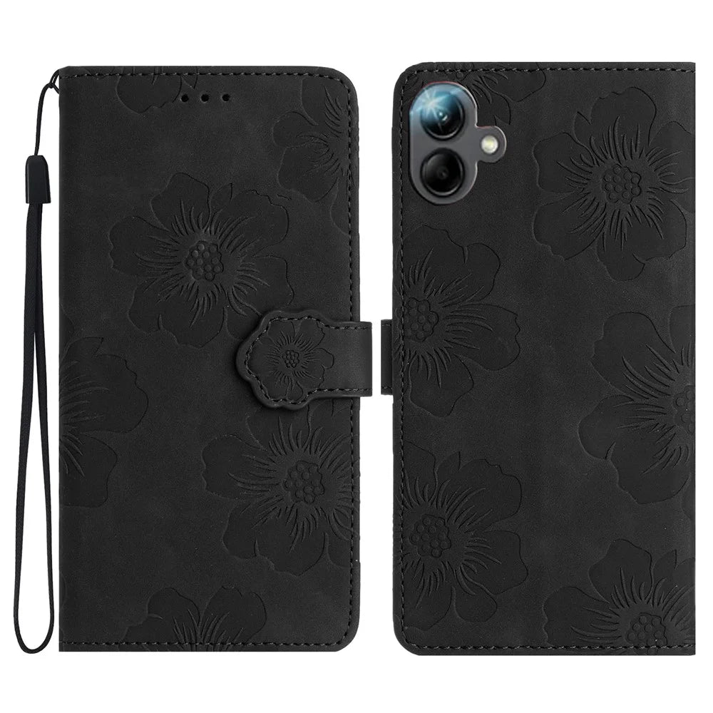 For Samsung Galaxy A06 4G Case Flower Design Leather Wallet Phone Cover with Wrist Strap - Black - 1